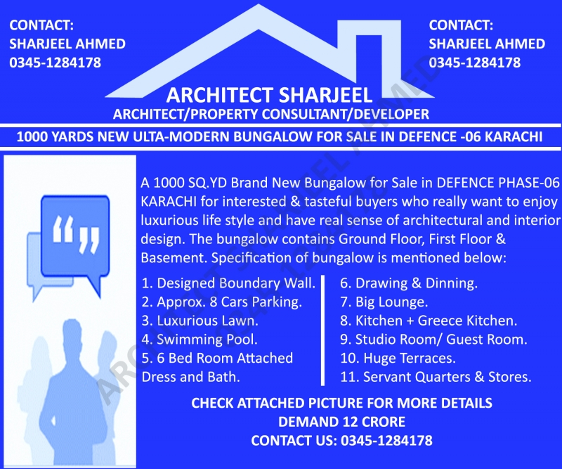 House Available for Sale Defence Housing Authority KARACHI Specification and Other Details